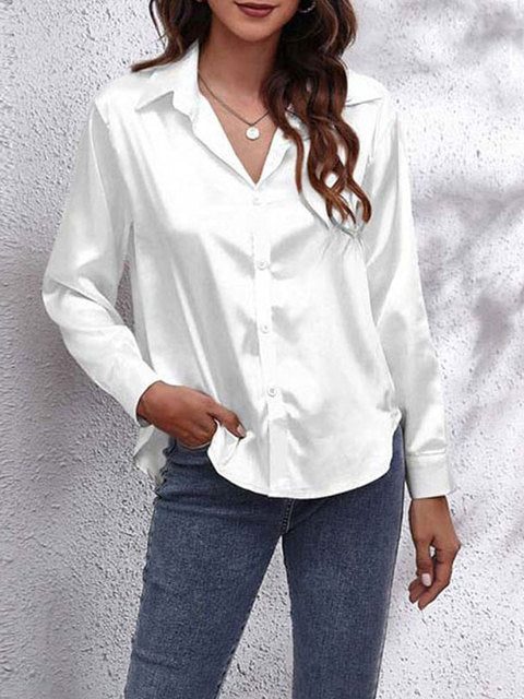Long Sleeve Button-Down Satin Blouse for Women - White