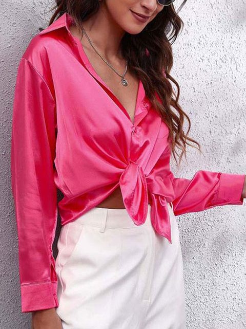 Long Sleeve Button-Down Satin Blouse for Women - Rose