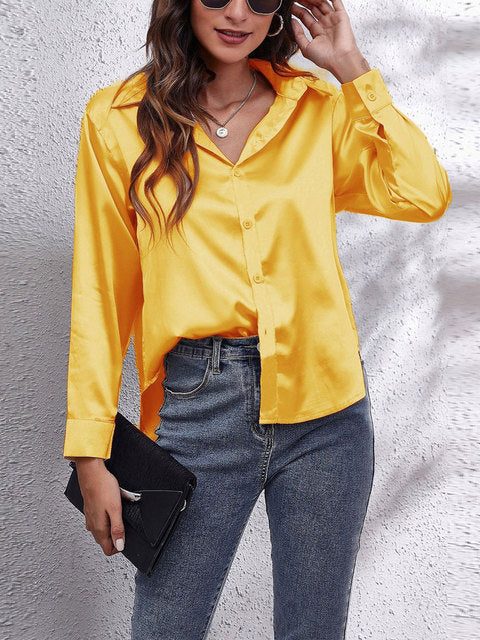 Long Sleeve Button-Down Satin Blouse for Women - Yellow
