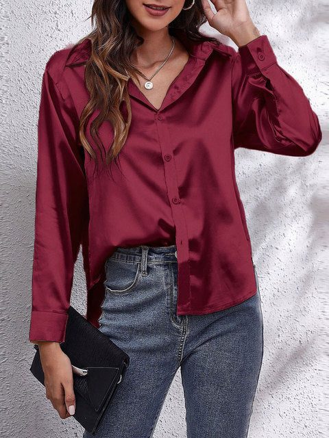 Long Sleeve Button-Down Satin Blouse for Women - Wine