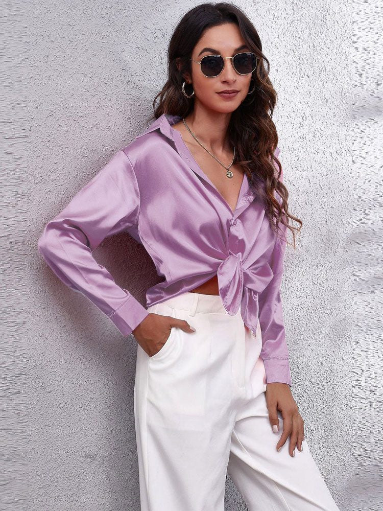 Long Sleeve Button-Down Satin Blouse for Women