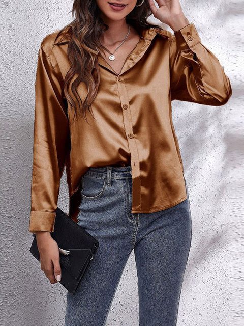 Long Sleeve Button-Down Satin Blouse for Women - Brown