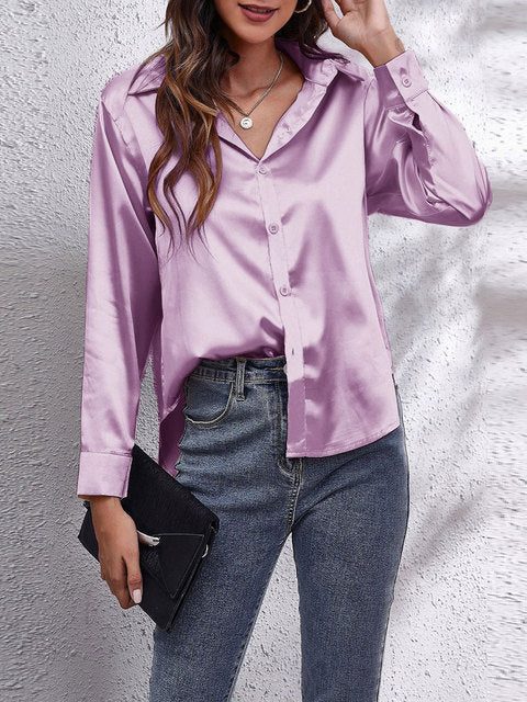 Long Sleeve Button-Down Satin Blouse for Women - Purple