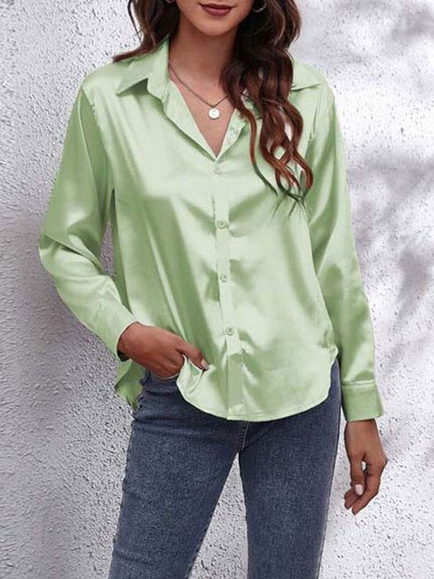 Long Sleeve Button-Down Satin Blouse for Women - Light Green