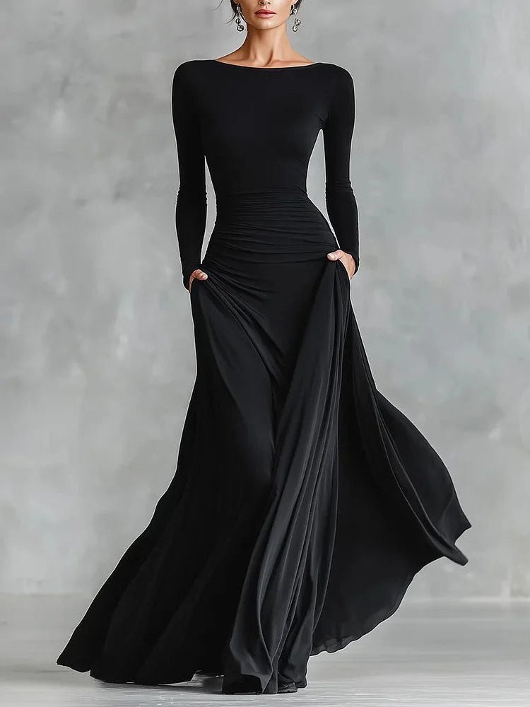 Long Sleeve Pleated Maxi Dress with Boat Neck for Women