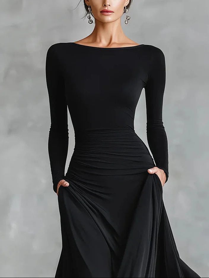 Long Sleeve Pleated Maxi Dress with Boat Neck for Women - View 2