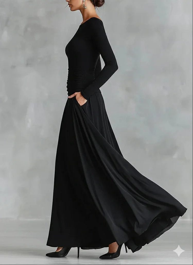 Long Sleeve Pleated Maxi Dress with Boat Neck for Women - View 3