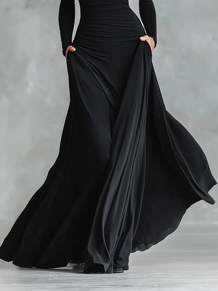 Long Sleeve Pleated Maxi Dress with Boat Neck for Women - View 5