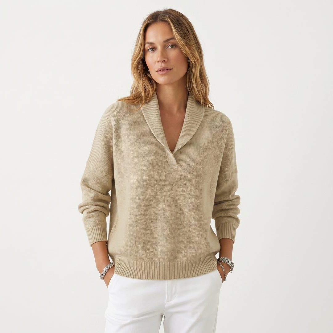 Long Sleeve Ribbed Knit Sweater with V-Neck for Women