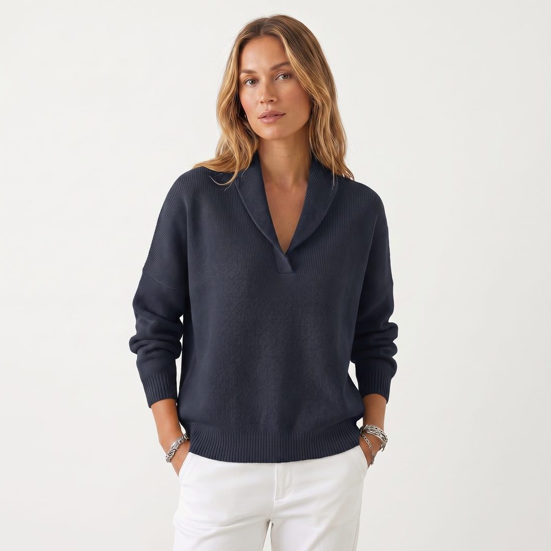 Long Sleeve Ribbed Knit Sweater with V-Neck for Women - Navy Blue
