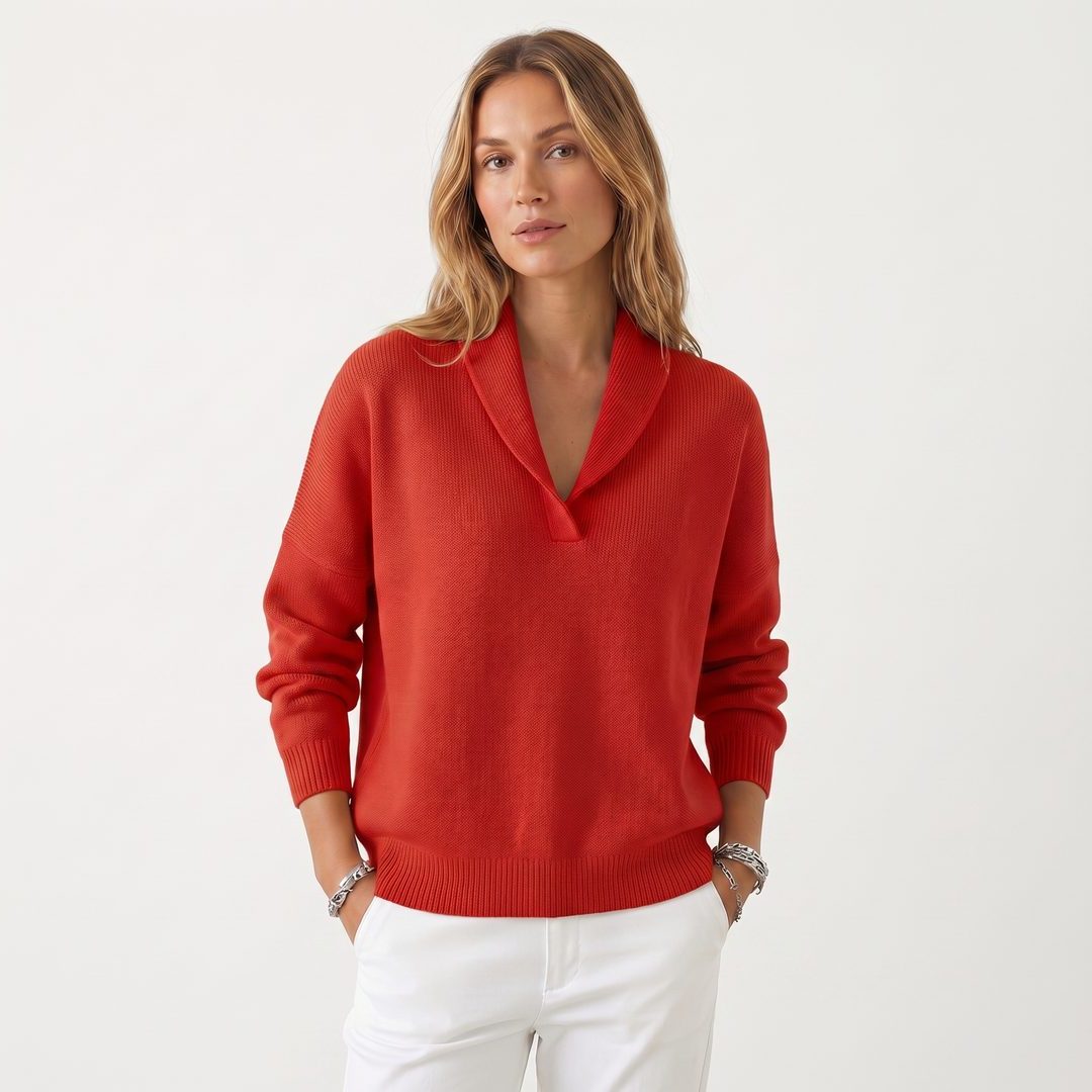 Long Sleeve Ribbed Knit Sweater with V-Neck for Women - Red