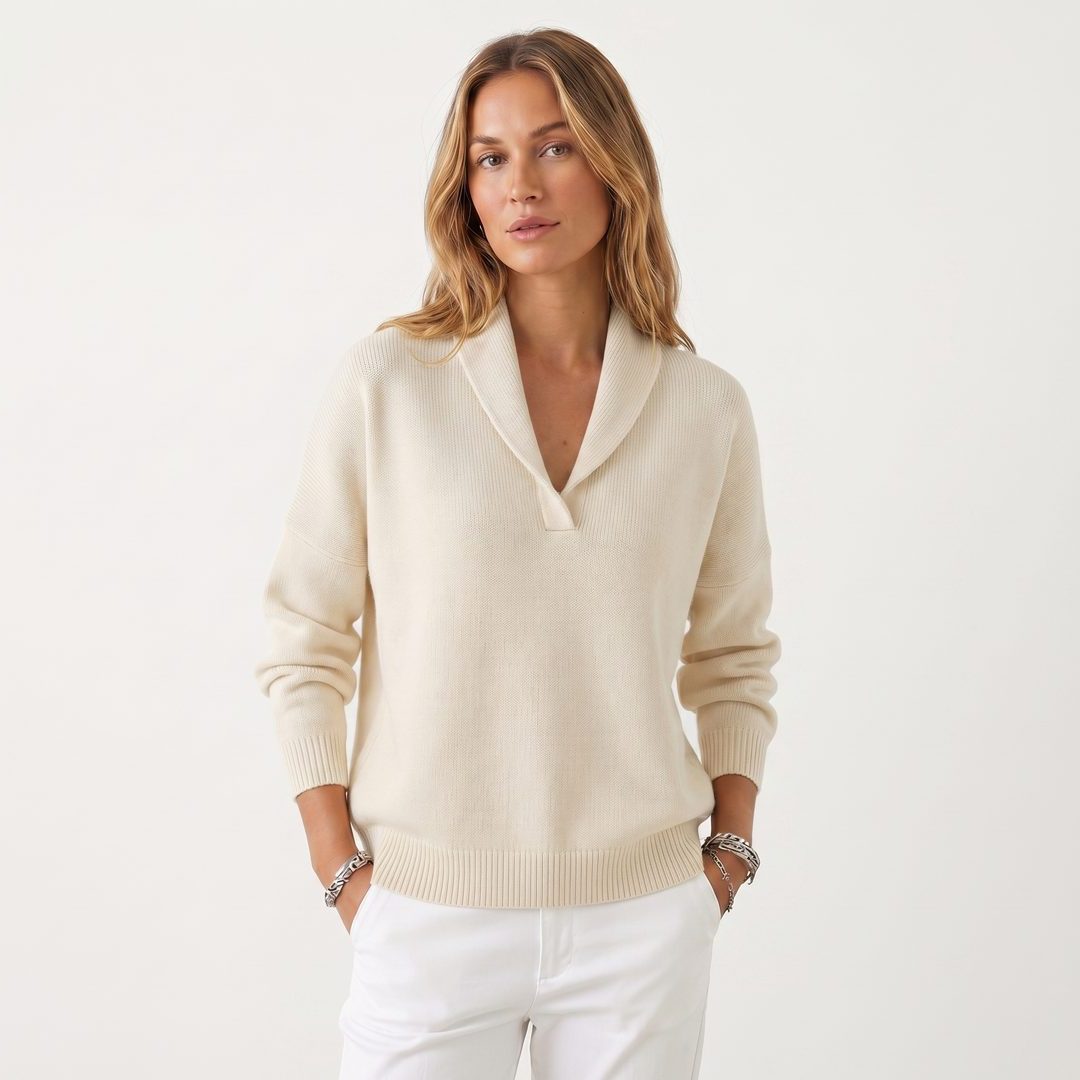 Long Sleeve Ribbed Knit Sweater with V-Neck for Women - White