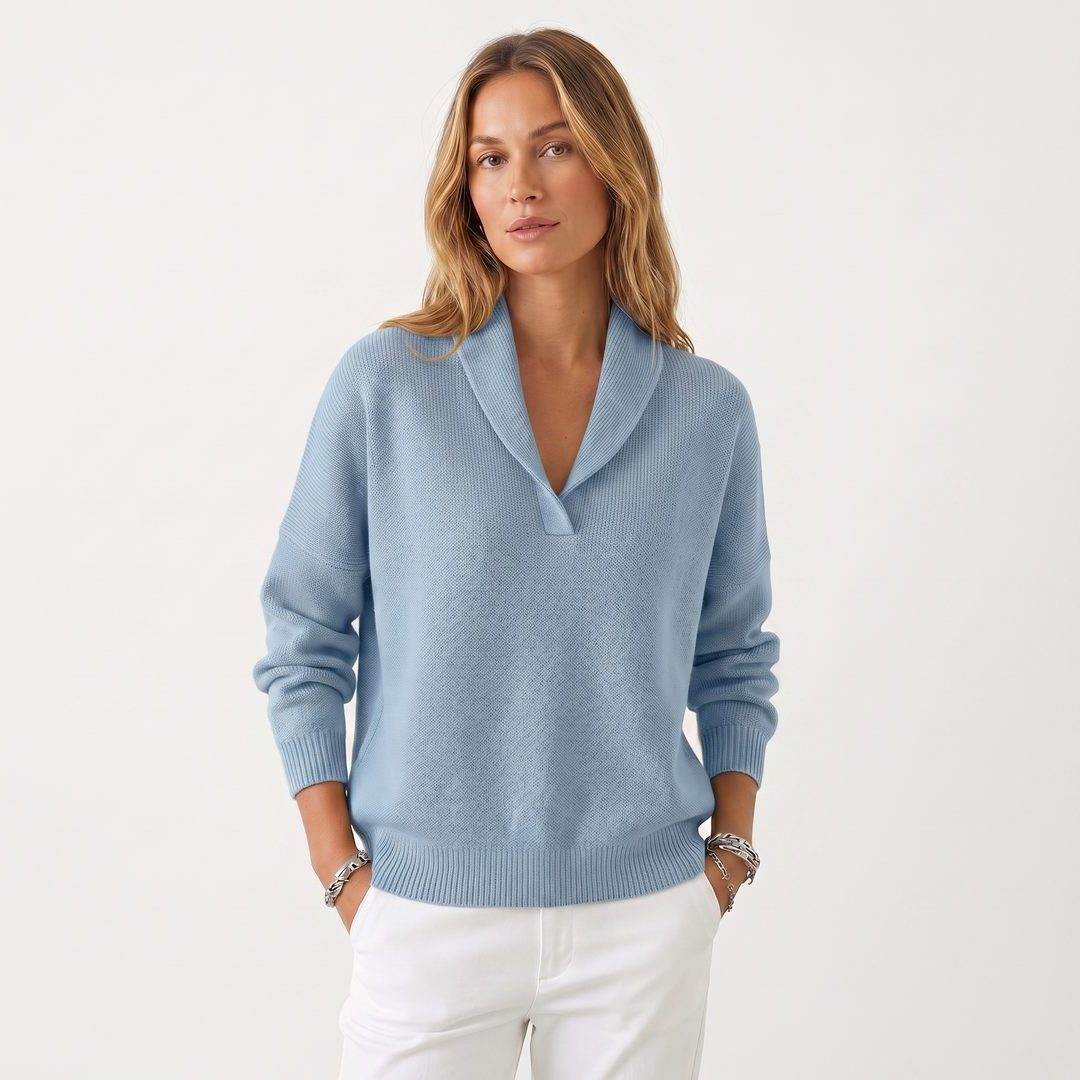 Long Sleeve Ribbed Knit Sweater with V-Neck for Women - Sky Blue