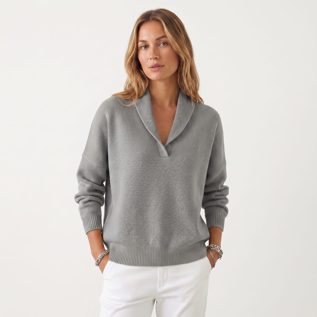 Long Sleeve Ribbed Knit Sweater with V-Neck for Women - Grey