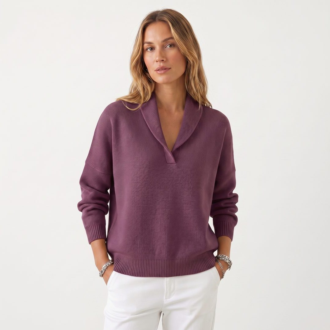 Long Sleeve Ribbed Knit Sweater with V-Neck for Women - Purple