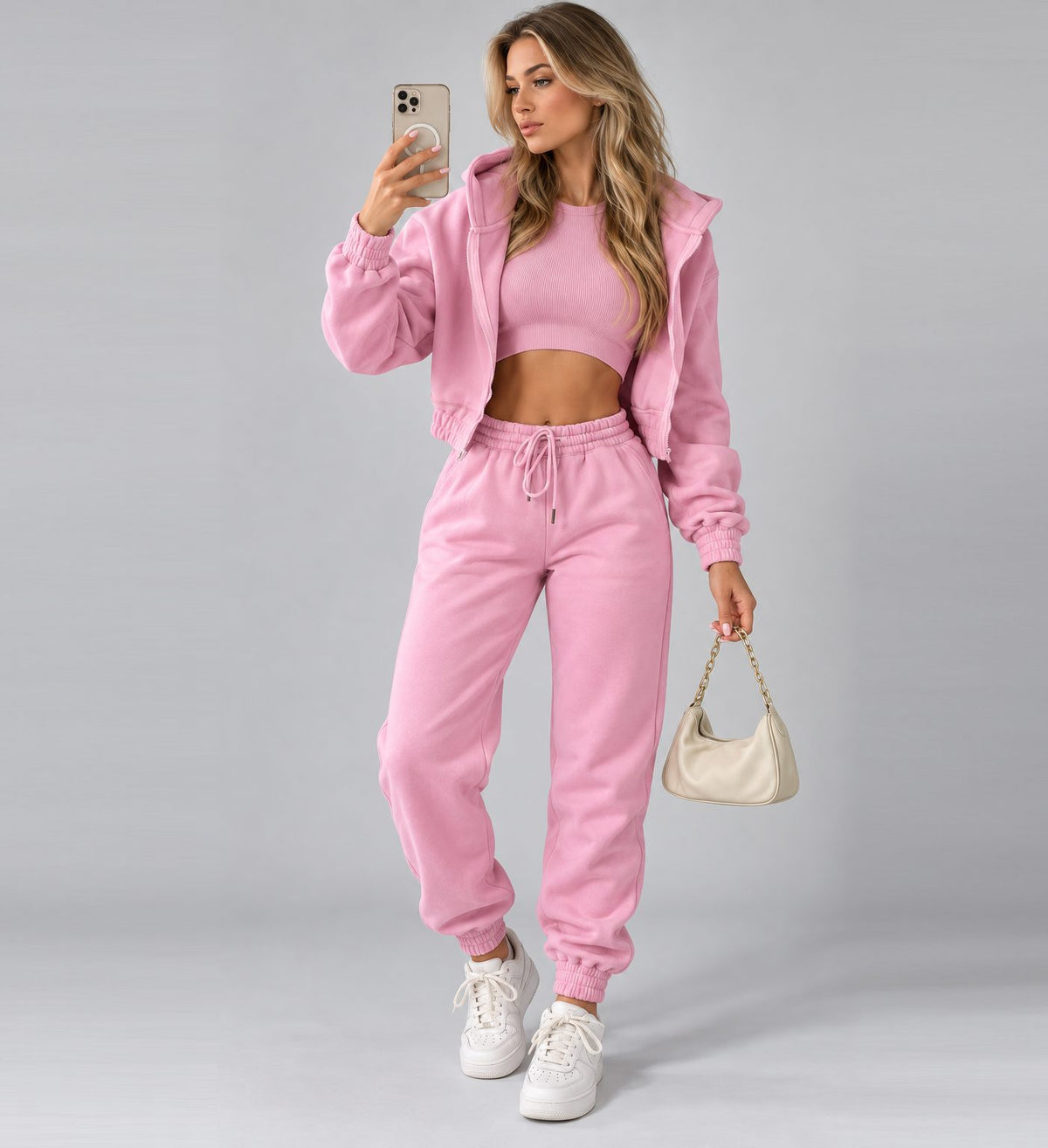 Long Sleeve Zip-Up Jogger Set for Women - Pink