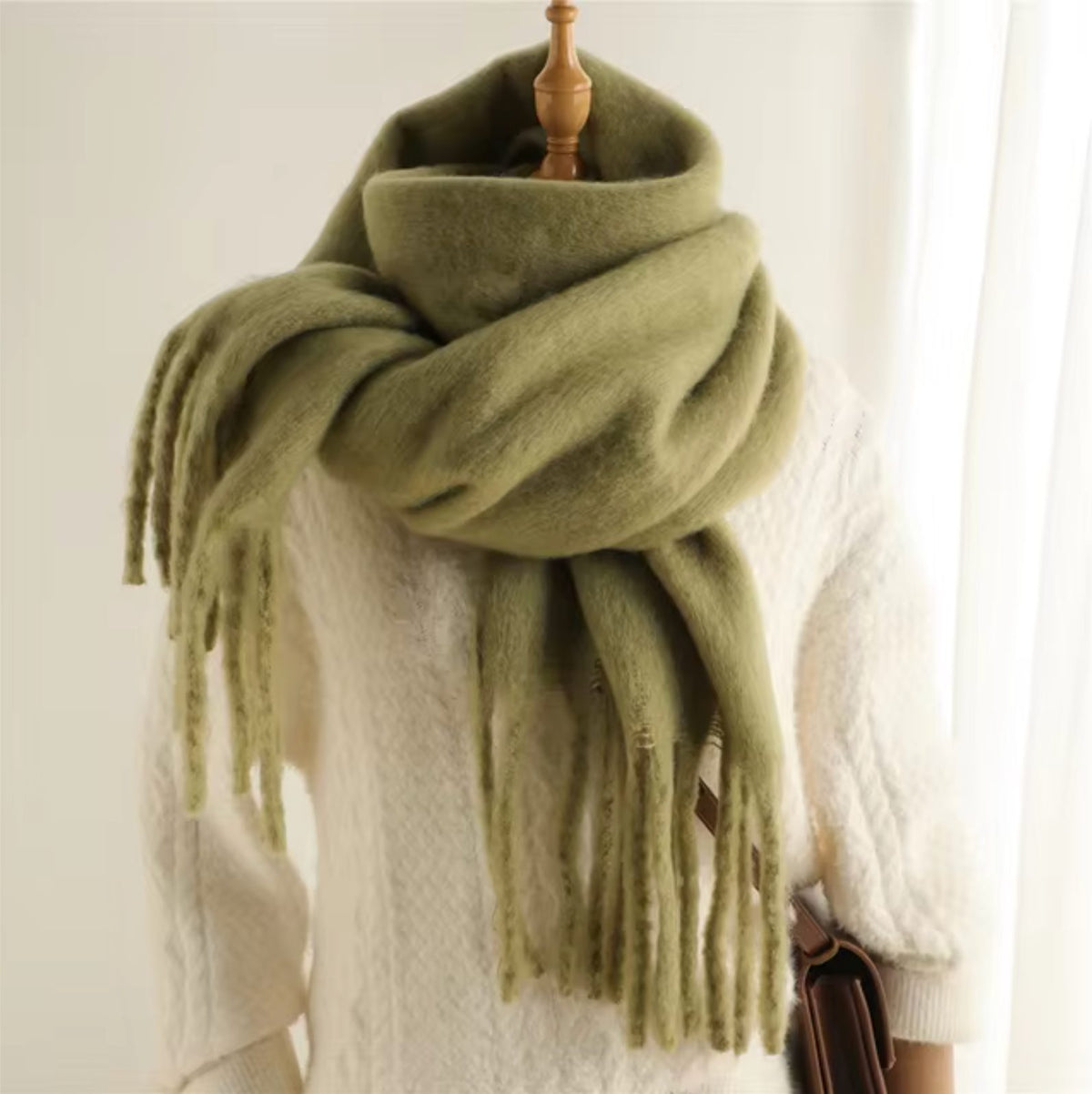 Long Winter Scarf with Fringe for Women - Army Green