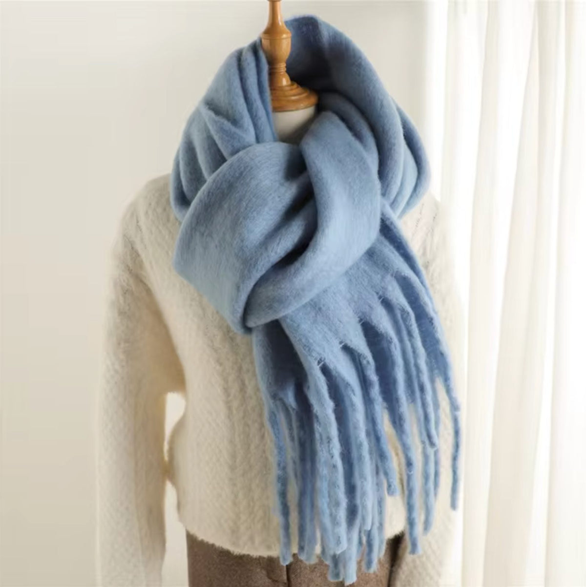 Long Winter Scarf with Fringe for Women - Light Blue