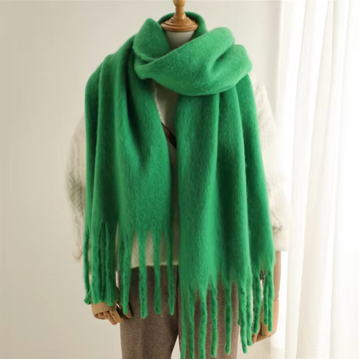 Long Winter Scarf with Fringe for Women - Green