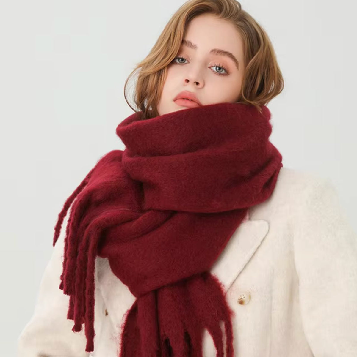 Long Winter Scarf with Fringe for Women - Burgundy
