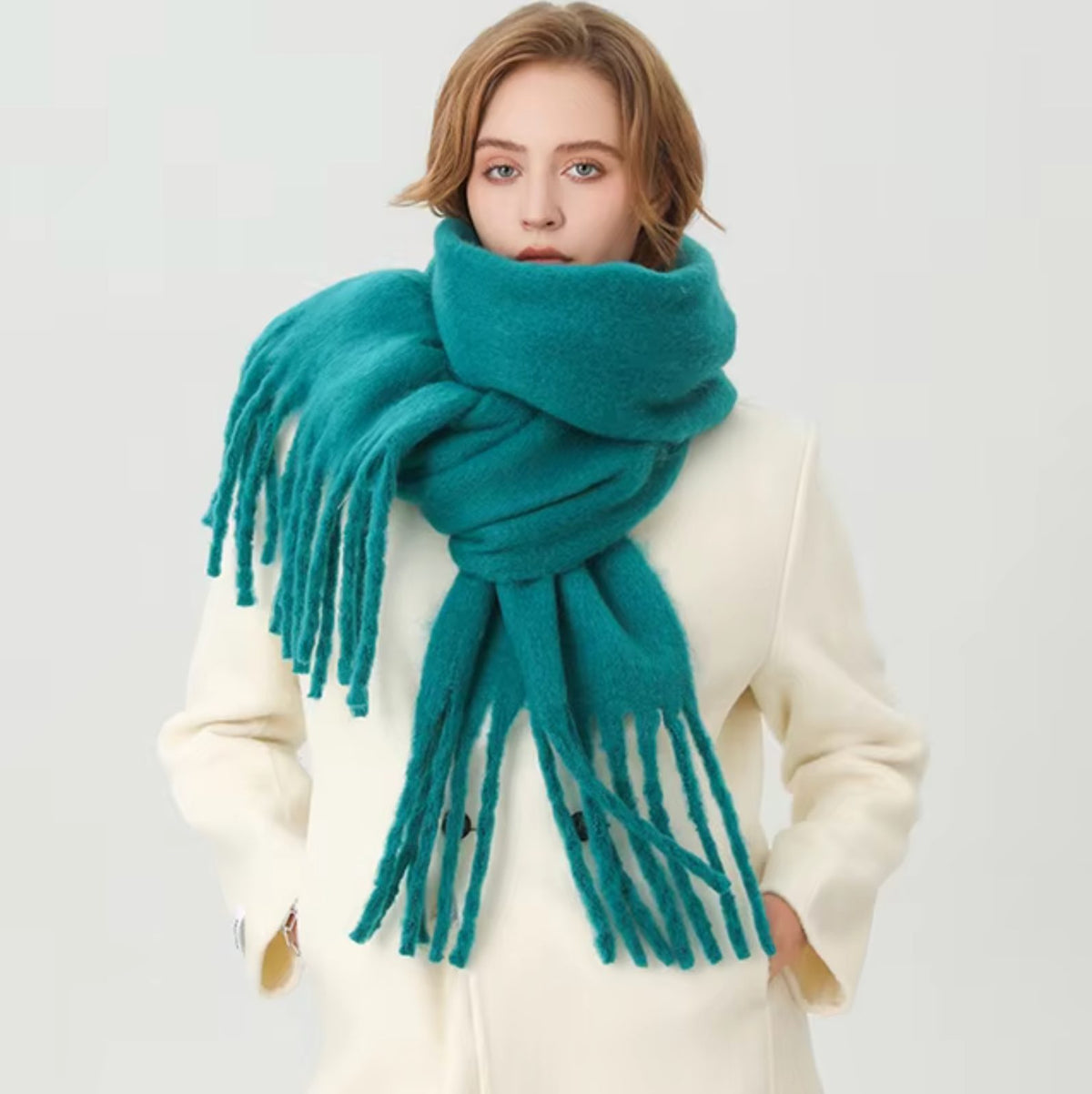 Long Winter Scarf with Fringe for Women - Turquoise