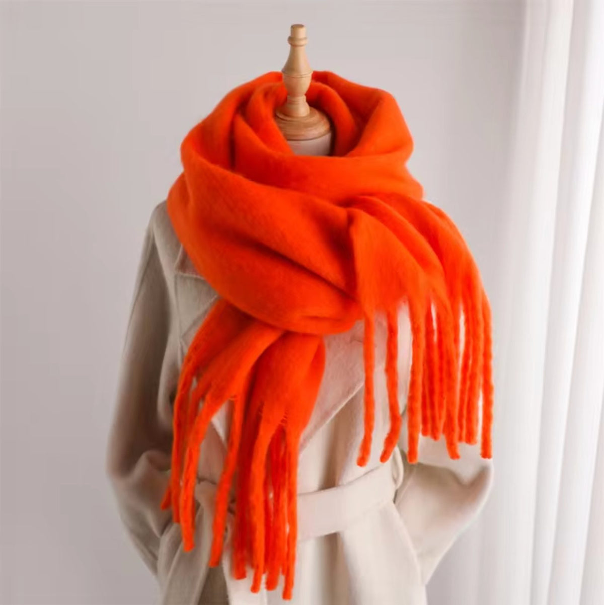 Long Winter Scarf with Fringe for Women - Orange