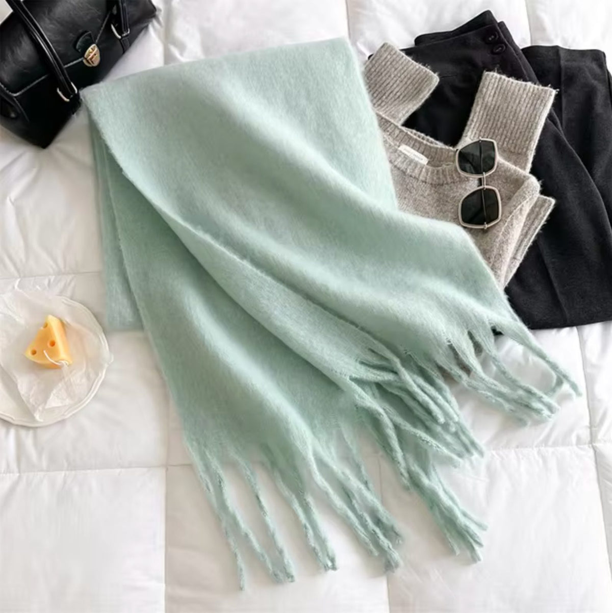 Long Winter Scarf with Fringe for Women - Mint Green