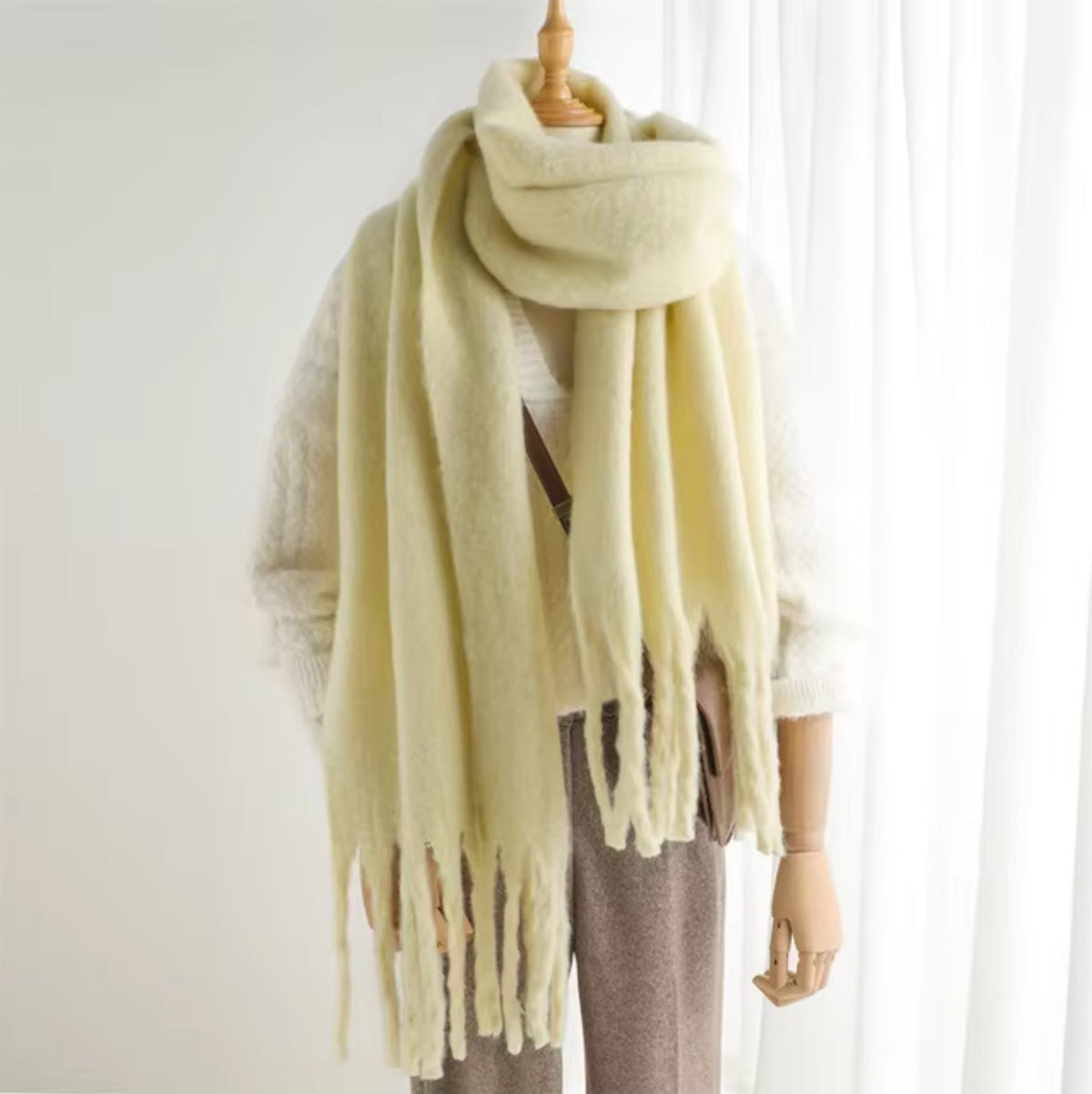 Long Winter Scarf with Fringe for Women - Yellow