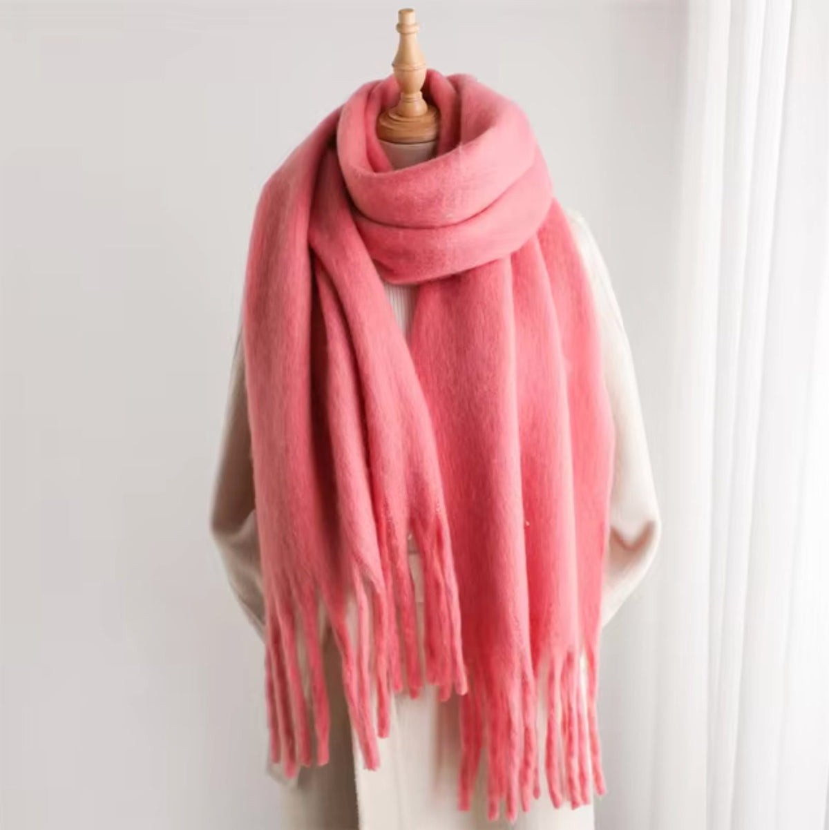 Long Winter Scarf with Fringe for Women - Pink