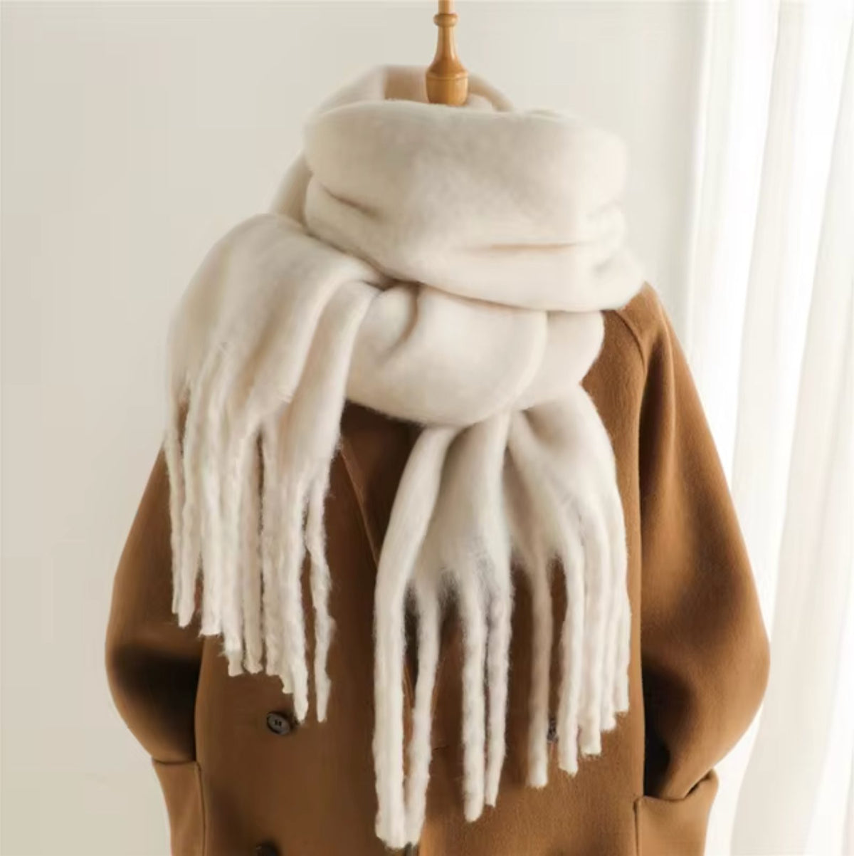 Long Winter Scarf with Fringe for Women - White