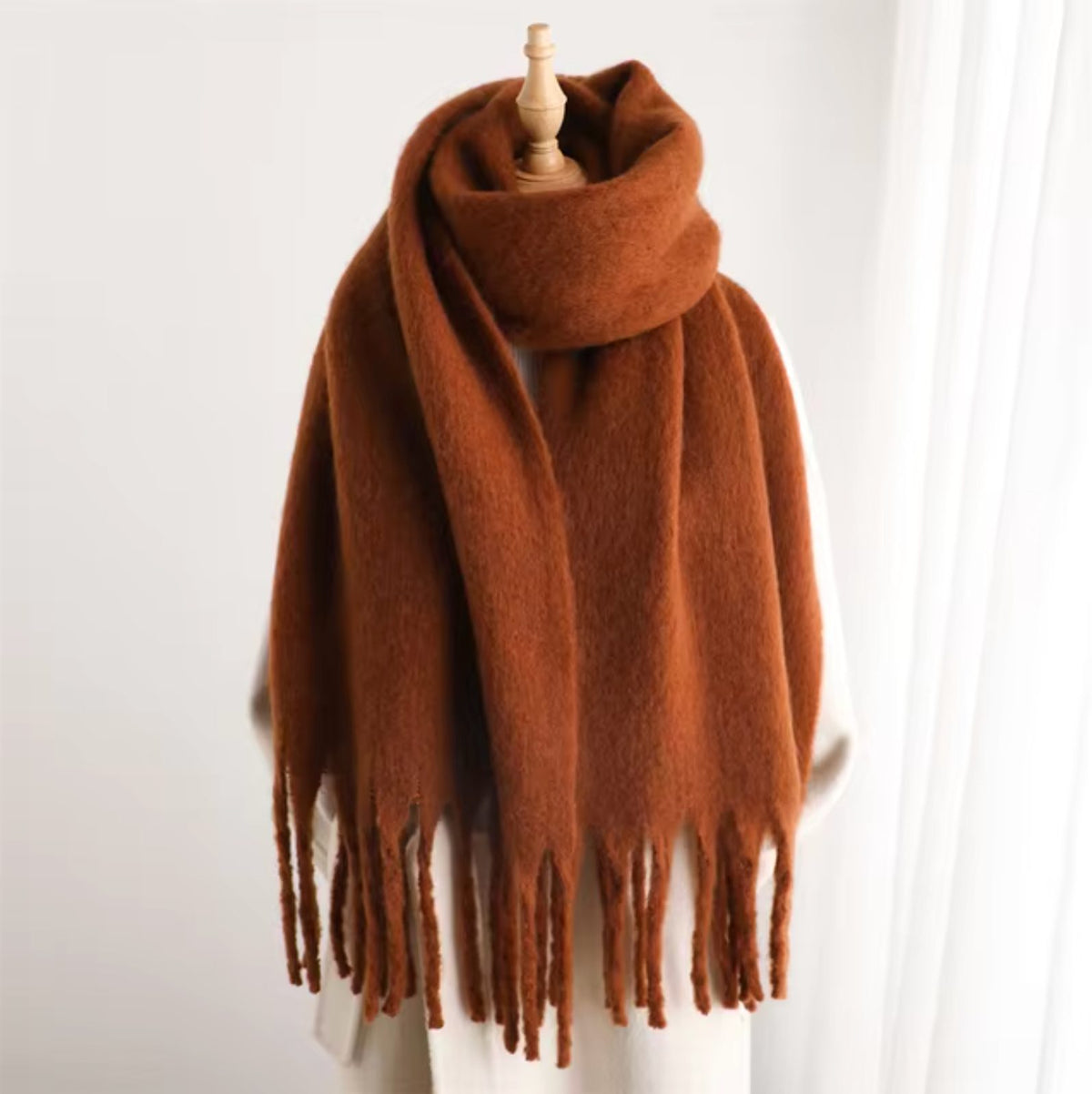 Long Winter Scarf with Fringe for Women - Brown