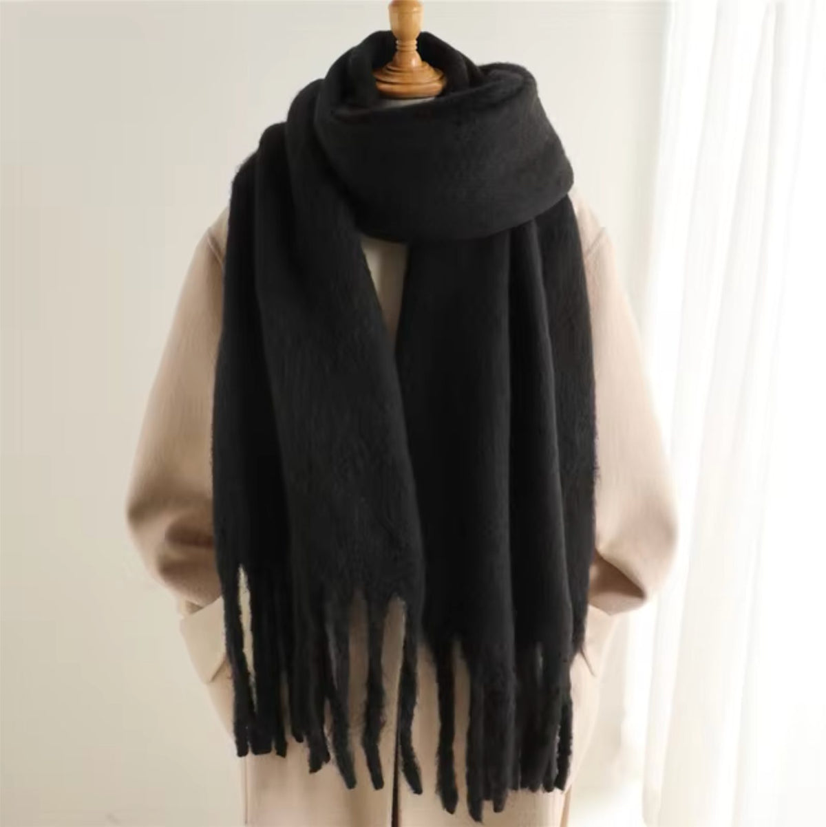 Long Winter Scarf with Fringe for Women - Black
