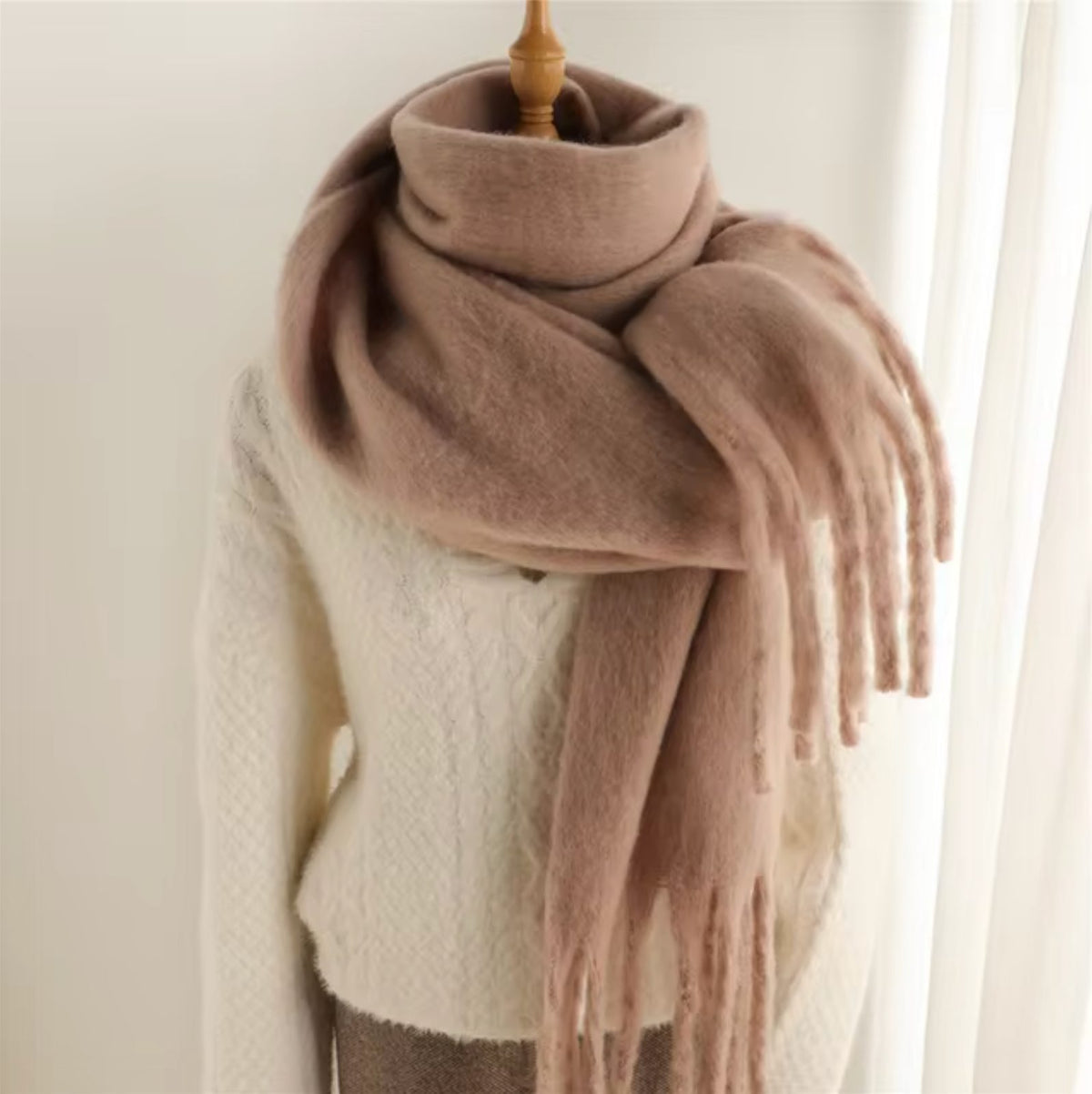 Long Winter Scarf with Fringe for Women - Khaki