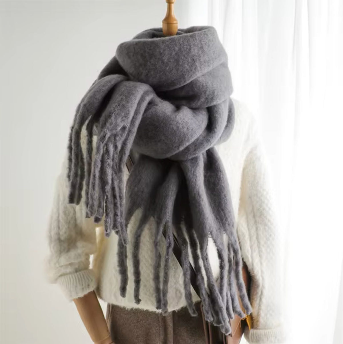 Long Winter Scarf with Fringe for Women - Grey
