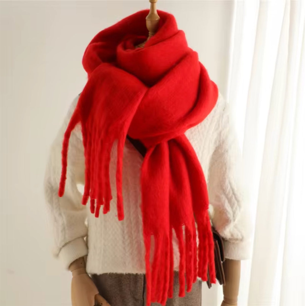 Long Winter Scarf with Fringe for Women - Red