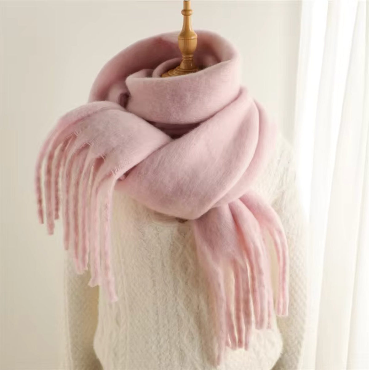 Long Winter Scarf with Fringe for Women - Light Pink