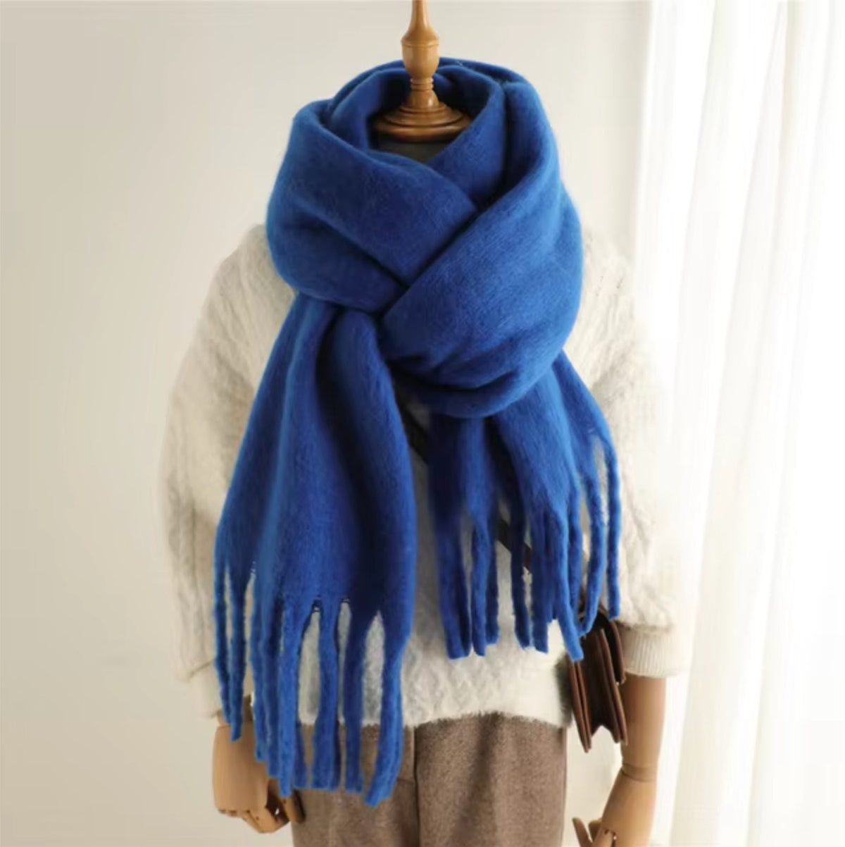 Long Winter Scarf with Fringe for Women - Blue