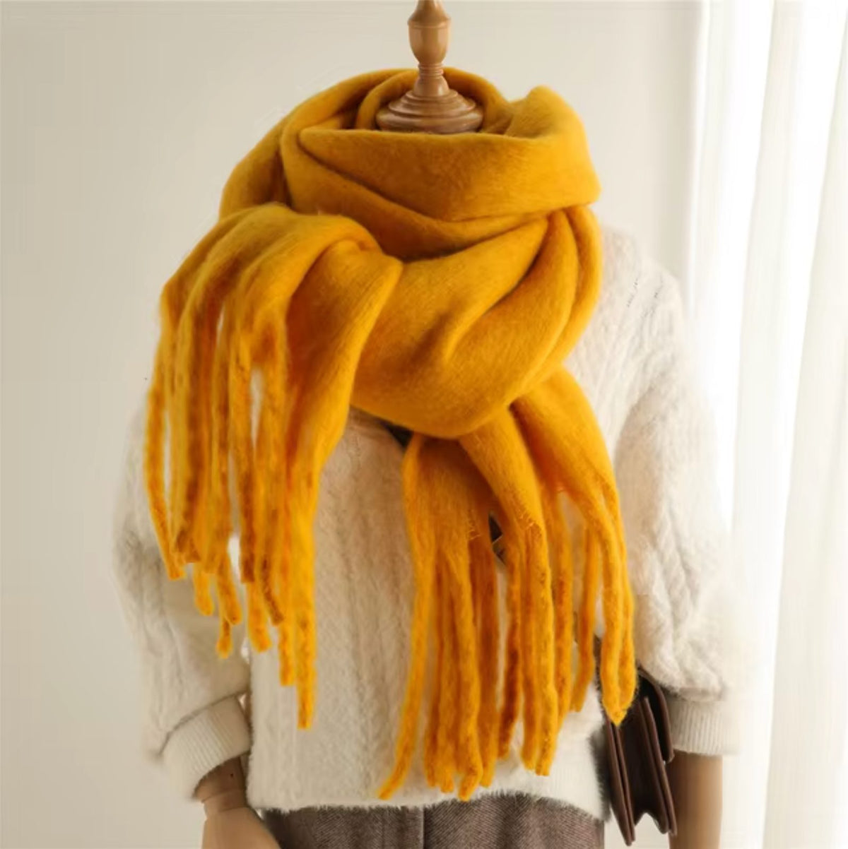 Long Winter Scarf with Fringe for Women - Mustard Yellow
