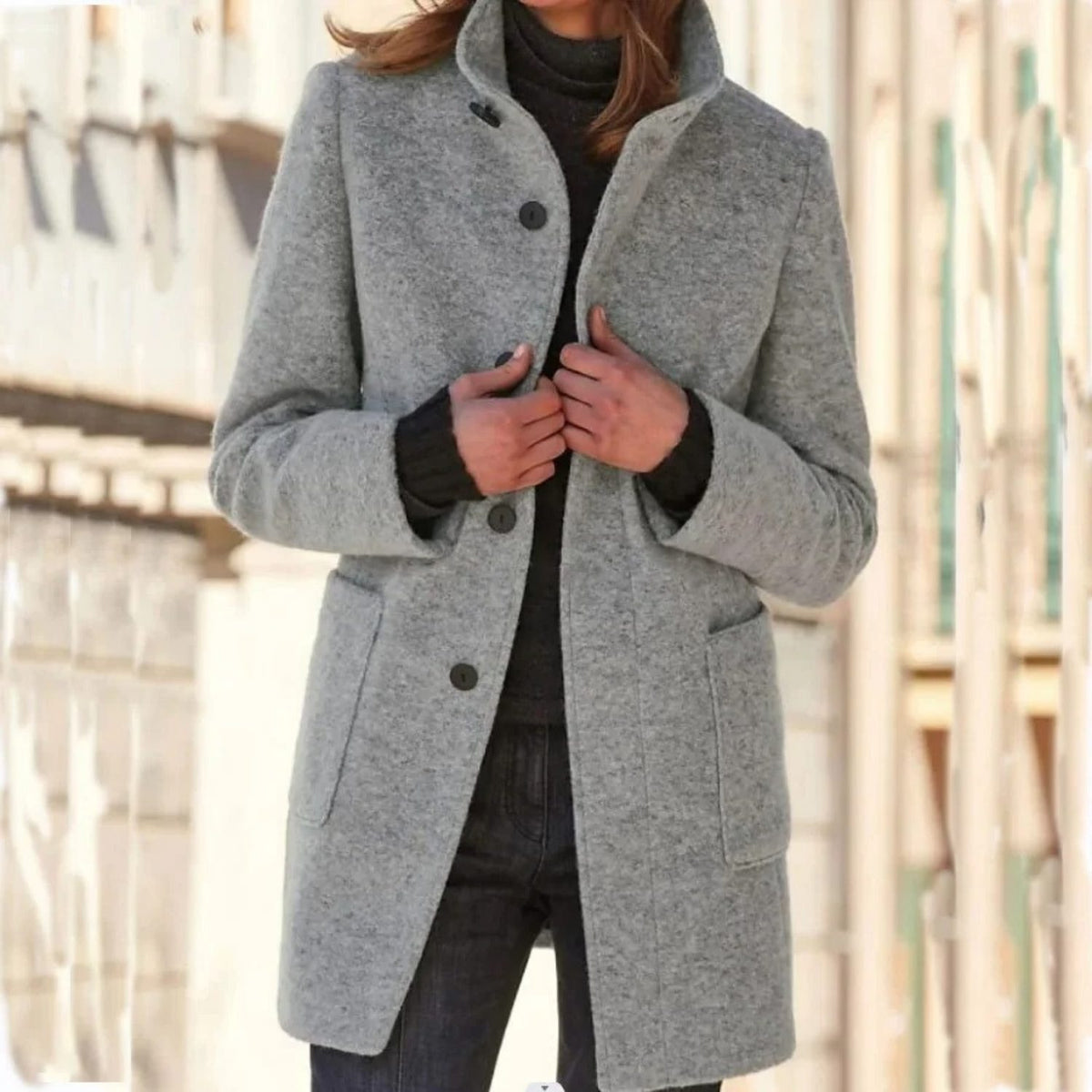 Long Wool Coat for Women - Light Grey