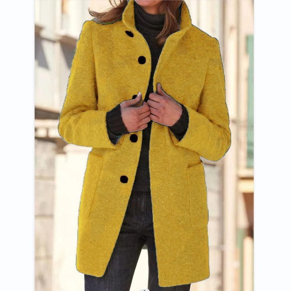 Long Wool Coat for Women - Yellow