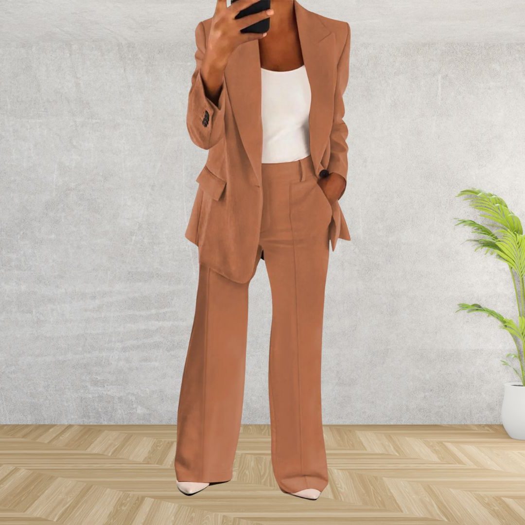 Longline Double-Breasted Blazer Set for Women - Brown