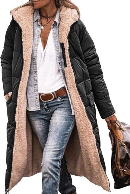Longline Fleece-Lined Puffer Jacket for Women - Black
