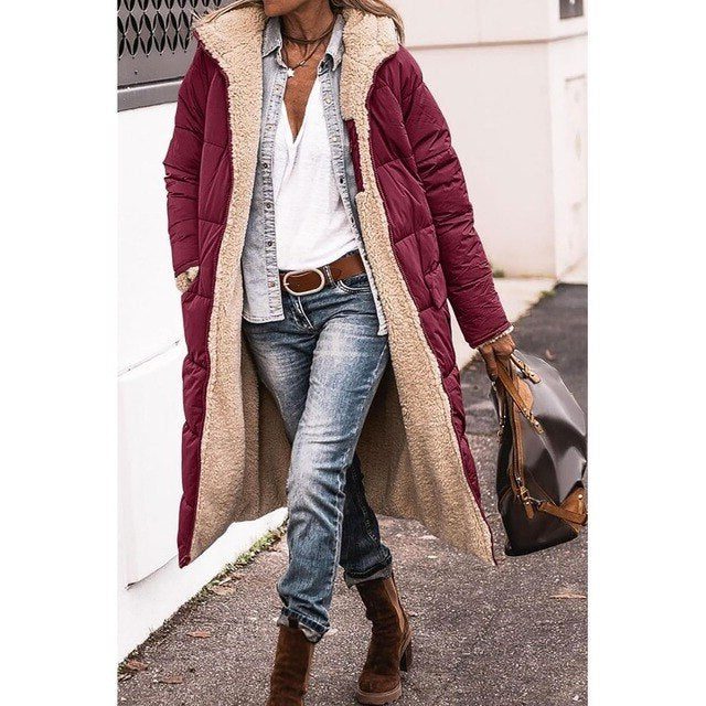 Longline Fleece-Lined Puffer Jacket for Women - Burgundy