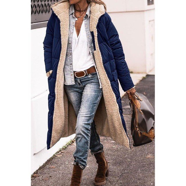 Longline Fleece-Lined Puffer Jacket for Women - Navy Blue