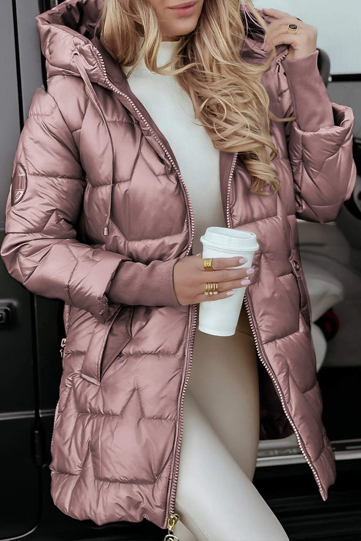 Longline Puffer Jacket for Women - Pink