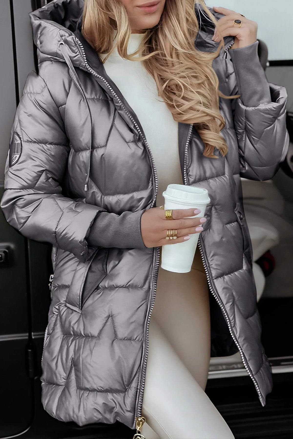 Longline Puffer Jacket for Women - Grey