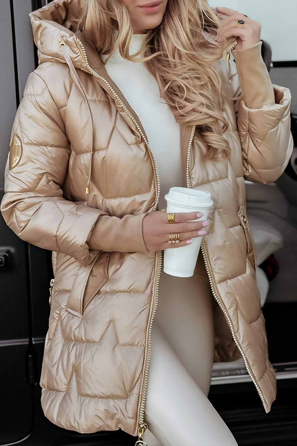 Longline Puffer Jacket for Women - Beige