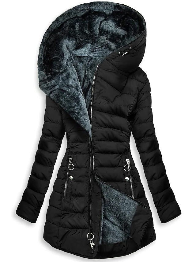 Longline Puffer Jacket with Faux Fur Hood for Women