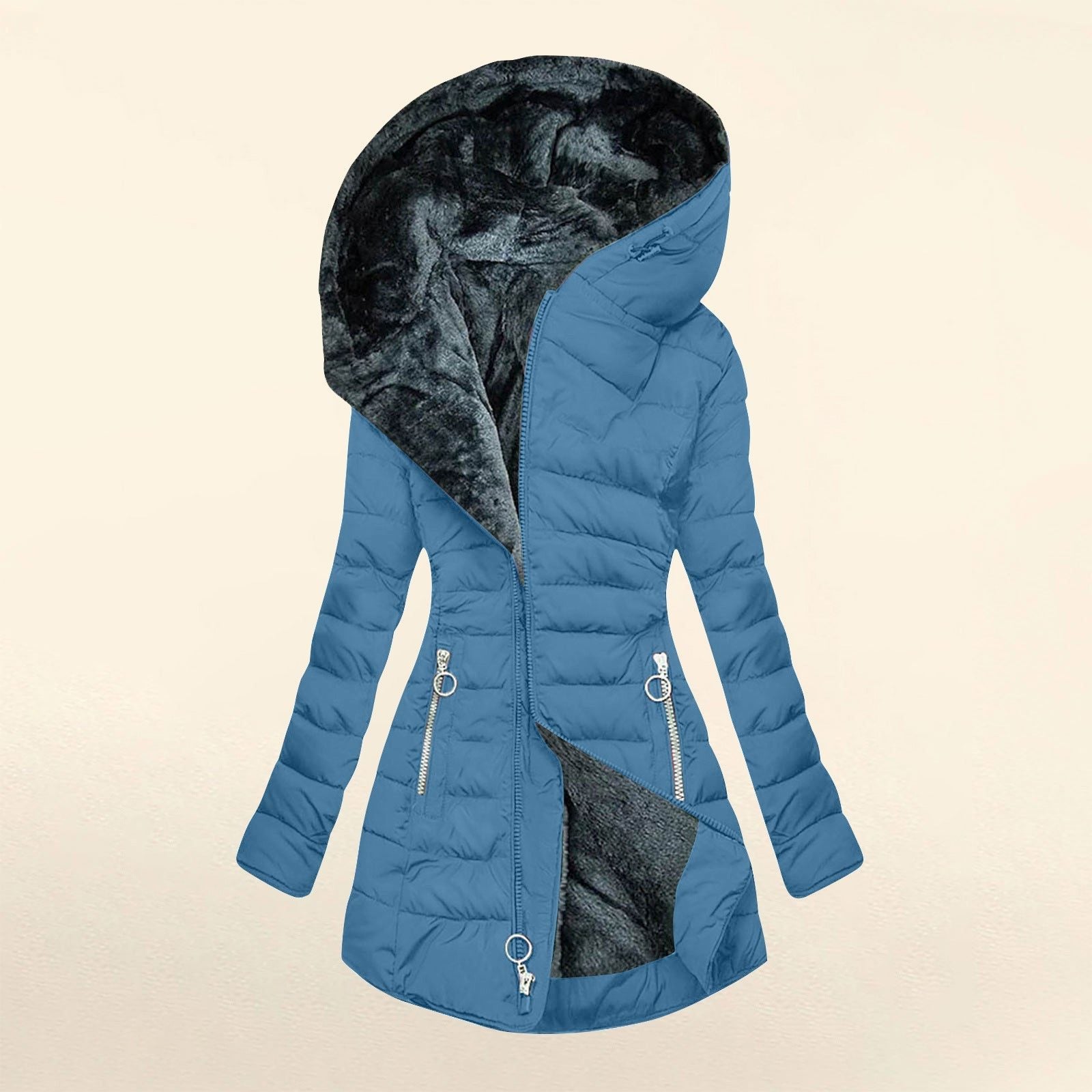 Longline Puffer Jacket with Faux Fur Hood for Women - Blue