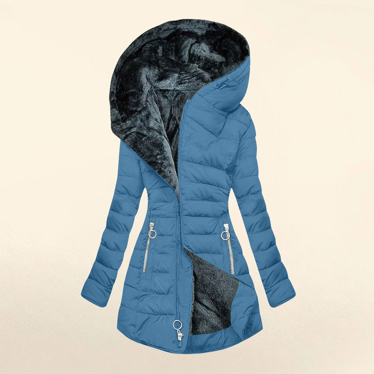 Longline Puffer Jacket with Faux Fur Hood for Women - Blue